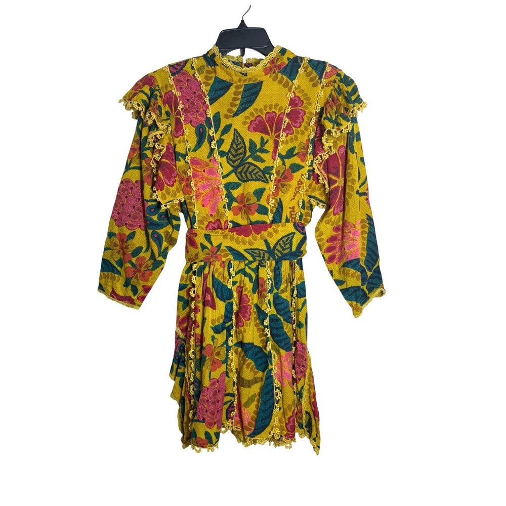 FARM Rio Yellow Tropical Tapestry Ruffled Mini Dress - Floral Long Sleeve Large